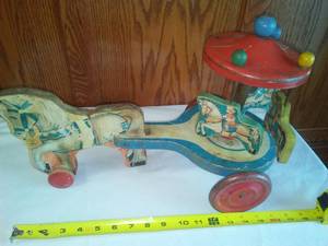 lot 118 image: Wood metal Horse & Merry - go round. NN Hill Brass Company - Hill Toys Bells, Very old.
