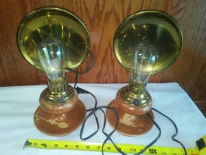 lot 122 image: 2 Vintage Wood & metal reflector lamps.