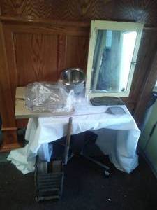 lot 197 image: Vintage Mirror, Army cap, metal fly swatter and more. mop ringer.