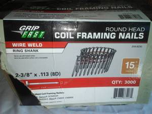 lot 248 image: 2 38 x 113 (8D) coiled nails, framing, 2750 nails and 250 3.25 in. coiled nails.