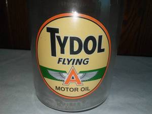 lot 270 image: Tydol Flying A Motor Oil Glass Jar and Spout - Like new