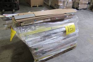 Big pallet of mixed flooring, vinyl to tile and engineered hardwood