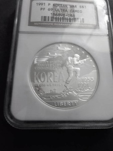 1991 P Korean War Silver One Dollar Comemmorarive In NGC Graded Holder PF69 Ultra Cameo