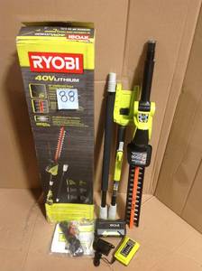 lot 88 image: Ryobi 18 in. 40-Volt Lithium-Ion Cordless Pole Hedge Trimmer with 2.0 Ah Battery and Charger Included opern box not used