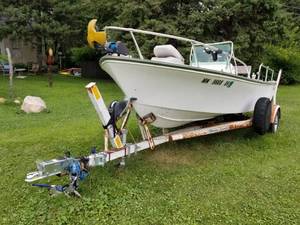 lot 6 image: 1974 Aquasport 170 17ft. Boat with Mercury 80 Outboard Motor, Shorelandr Single Axle Trailer