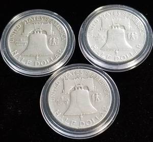 lot 37 image: 3 FRANKLIN HALF DOLLARS 1951 1951-D 1951-S IN AIRTITES