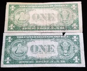 lot 16-A image: 2 US $1 BLUE SEAL SILVER CERTIFICATES 1935A 1935D