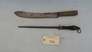 lot 102 image: Vintage Butcher Knife & Sharpener