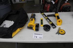 lot 74 image: DeWalt 18V Cordless Variable Speed Reciprocating Saw DC385, 18V Cordless 4-12in. Heavy Duty Cut-Off Tool DC410, Soft Side Carry Bag, 18V Battery, Grinding Discs, 1ft. Level, 2ft. Level