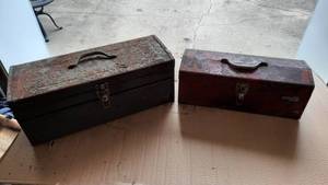 lot 303 image: (2) Steel Tool boxes, Cans of Sockets and More