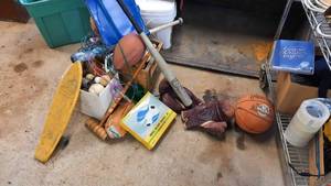 lot 392 image: Large Lot of Sporting Goods, Bats, Gloves, Balls, Skateboard and More