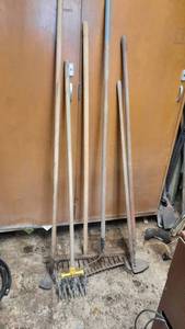 lot 405 image: Lot of Rakes, Garden Weasel, and Hoes