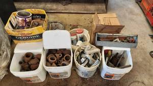 lot 415 image: Many Buckets of Steel, Brass and PVC Pipe Fittings and More
