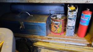lot 484 image: Shelf Lot of Bernzomatic torches, Steel toolbox w Hardware and More