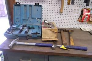 lot 23 image: Makita Cordless Drill Kit, Paint Sprayer, Hatchet and Estwing Hammers