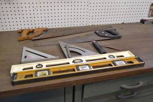 lot 32 image: Hand Saws, Squares and (2) 24 Levels