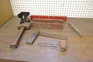 lot 41 image: Vintage Wood Levels, Roller, Maul and More