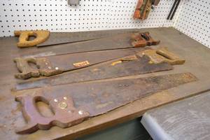 lot 52 image: (5) Vintage Wood Handle Saws
