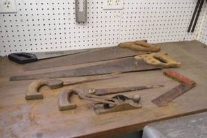 lot 58 image: Vintage Wood Handle Saws, Square and More