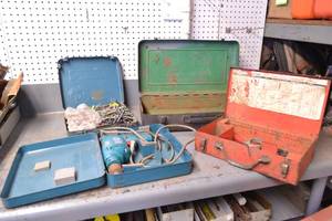 lot 110 image: (4) Metal Tool Boxes , Makita Drill (Bad Brushes) and Hardware