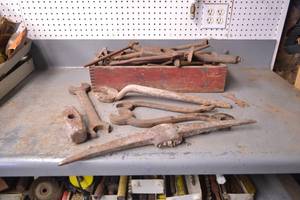 lot 116 image: Old Wood Toolbox w Old Wrenches, Mauls, Pick Ax and More
