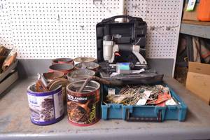 lot 117 image: Porter Cable Pneumatic Brad Nailer Model FN250B  Many Cans and Containers of Hardware