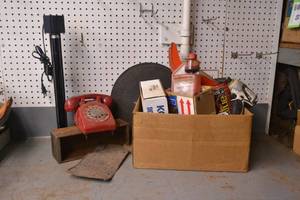 lot 120 image: Lot of Small Engine Parts, Vintage License Plate, Rotary Phone and More