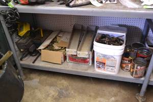 lot 146 image: Contents of Bottom Shelf - Tools, Hardware, Halogen Lights and More