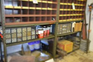 lot 234 image: (2) Shelf Lots w Bolt Bins, Hardware, Many cans of Amolube Oil and More
