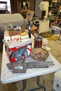 lot 308 image: Lot of Galvanized Junction Boxes, Dimmer Switches, Tool Belts, Tire Pump