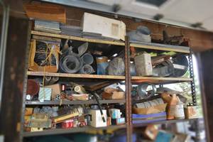 lot 371 image: (7) Shelves of Parts, Duct, Camp Stove and More
