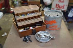 lot 16 image: Tackle Box w Tackle - Metal Minnow Bucket and More