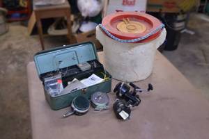 lot 17 image: Tackle Box w Tackle - Styrofoam Minnow Bucket, Fly Fishing Reels, and More