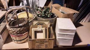lot 216 image: Lot of Woven Baskets, Planter, Light, Picture Frames and More