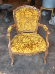 lot 83 image: Carved Solid Wooden Chair with Yellow Brocade Upholstery