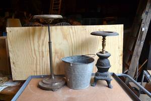 lot 94 image: (2) Floor Stand Ash Trays and Galvanized Bucket