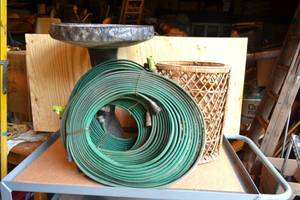 lot 96 image: Birdbath, Flat Garden Hoses and Basket Planter