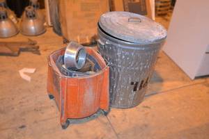 lot 148 image: Galvanized Trash Can w Sunflower Seeds  Mop Bucket and Box of Misc.