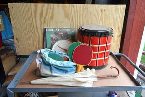 lot 243 image: Vintage Cooler, Records, Ping Pong Paddles, Umbrella, and Hanging Scale