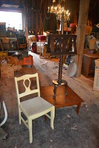 lot 247 image: Coffee Table, Double Sided Music Stand, and Cream Colored Wood Chair