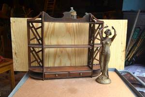 lot 249 image: Curio Shelf with Drawers & Sculptured Brass Lamp Base