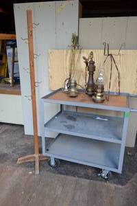 lot 64 image: Coat Rack, Fireplace Tools, Chandelier, and Plant Stand