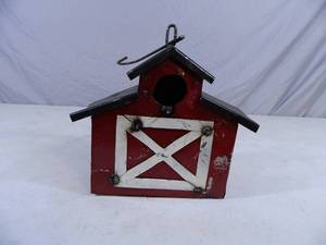 New Handmade Recycled Metal Garden Art Red Barn Birdhouse