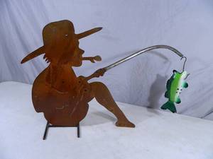 New Handmade Recycled Metal Garden Art Man Fishing