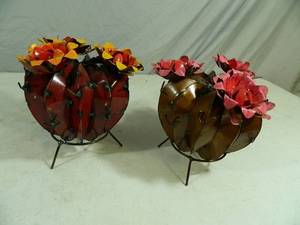 2 New Handmade Recycled Metal Garden Art Flowering Cactus