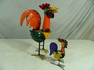 2 New Handmade Recycled Metal Garden Art Roosters