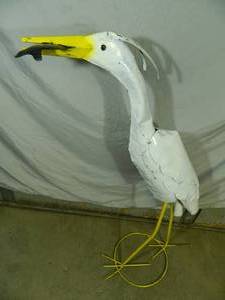 New Handmade Recycled Metal Garden Art - Large Crane with Fish