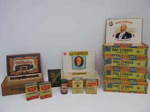 lot 224 image: Lot of Vintage Cigar Boxes Tobacco Tin & Spice Tins