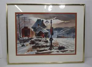 lot 134 image: Vintage Framed Signed Original Train Station Watercolor Painting by Randy Penner