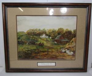 lot 135 image: Vintage Framed MAMIE FALK Print - Refilling the Bed Ticks